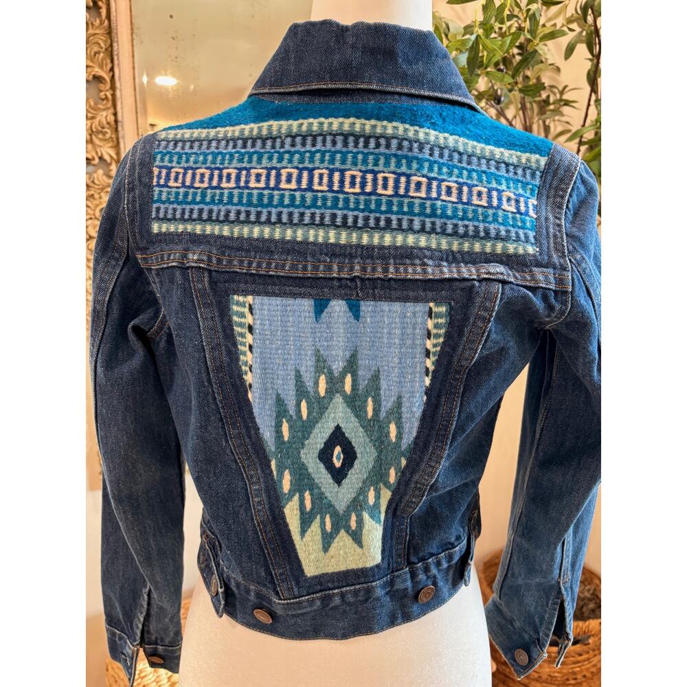 Vintage Oaxaca Fabric on Denim Jacket - Aztec Design - Size X Small